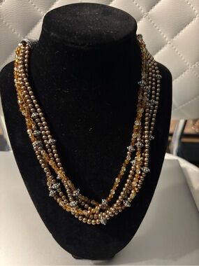 Vintage Kissaka Multi-Strand Bronze Faux Pearl & Amber Crystal Statement Neckla